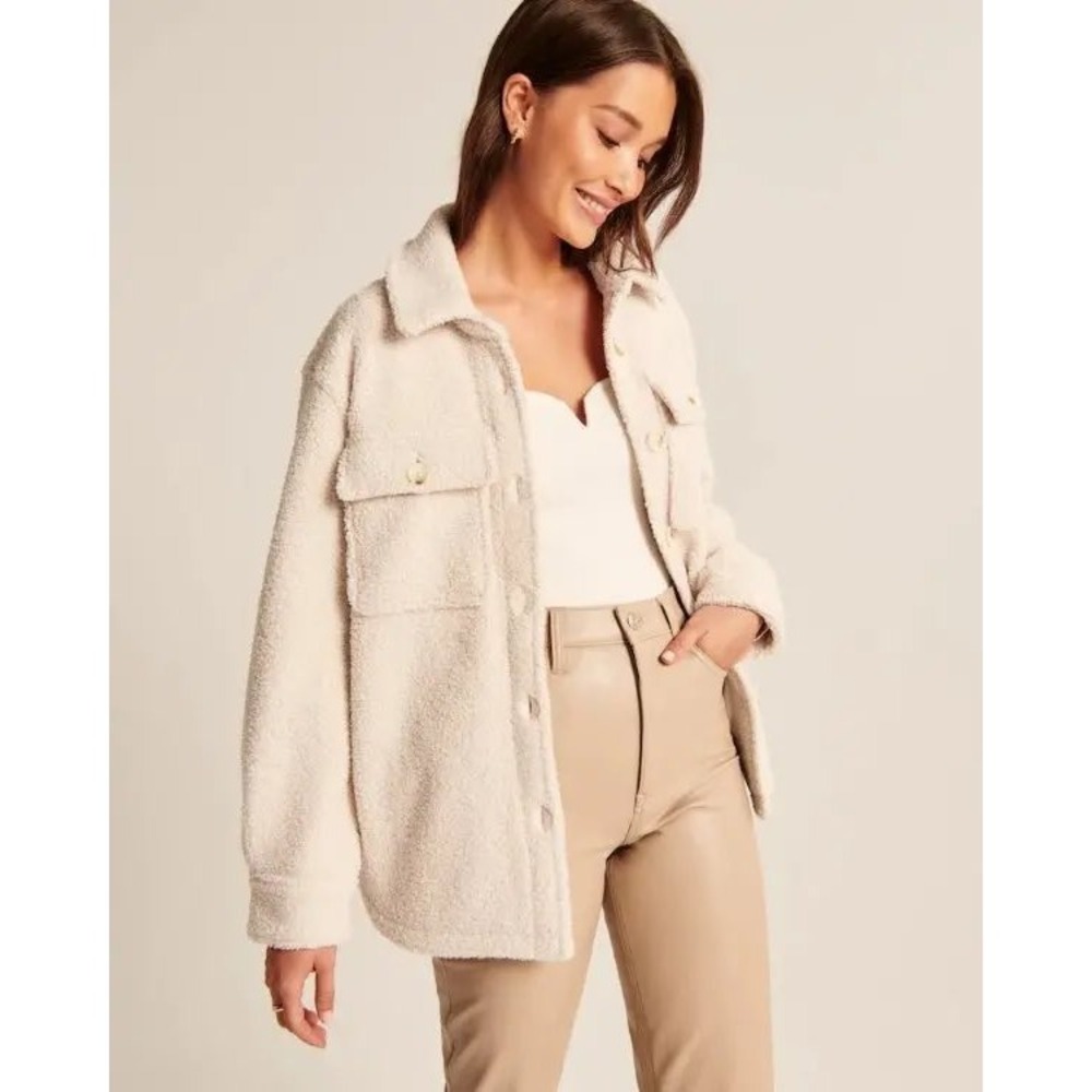 Abercrombie & Fitch Women Cream Comfy Sherpa Shacket Chore Shirt Jacket Small
